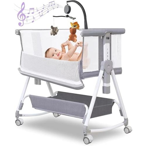 Baby Bassinet, Baby Bassinet Bedside Sleeper with Musical Toy, All Mesh 7 Height Adjustable Bedside Crib with Storage Basket and Wheels (Grey)