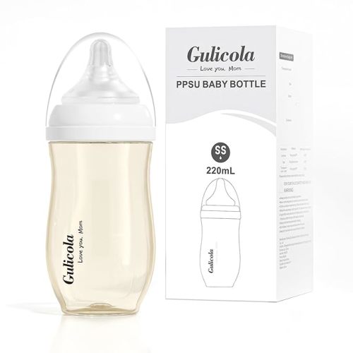 Gulicola Newborn Breastfeeding Baby Bottle with Extra Slow Flow Nipples, 0 Months+, Anti Colic, BPA Free PPSU, 7 oz - Clear