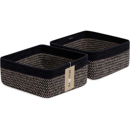 MiniArk Small Square Shallow Baskets for Organizing, 9.7x9.7x4.3 Inch Rope Woven Storage Bins for Cubes Closet, Shelves Storage, Boho Decorative Basket, 2 Packs Black Brown