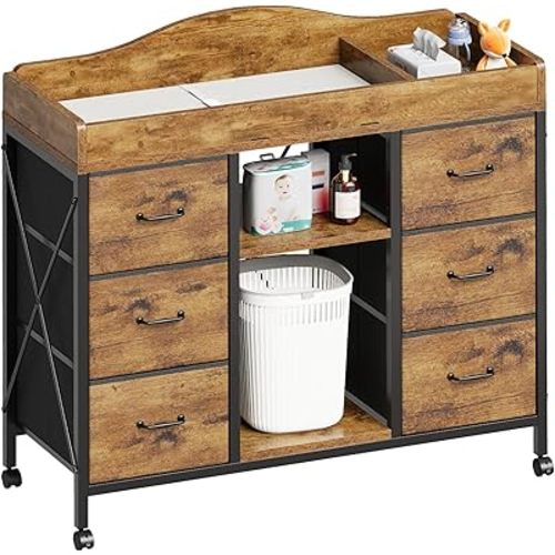 Changing Table, 6-Drawer Baby Dresser with Changing Table top,Waterproof Diaper Changing Station & Pad, 2 Height-Adjustable Open Storage Shelves, Mobile Nursery Organizer, Rustic Brown