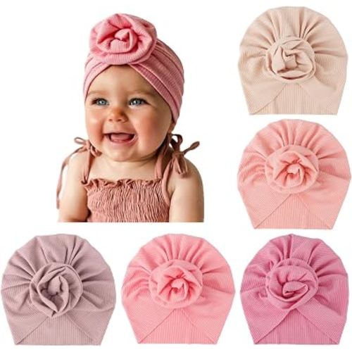 DRESHOW BQUBO 5 Pieces Newborn Baby Turban Hats Bow Baby Infant Beanie Breathable Toddler Cap for Baby Girls