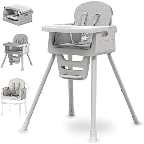 3-in-1 High Chair for Babies and Toddlers, Infant to Toddler Seating&Dining | Easy Clean Convertible Portable Dishwasher Tray 5-Point Harness Stable Non-Slip Feet Waterproof Seat Pad Grey