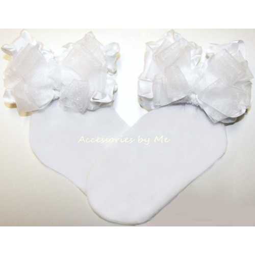 Frilly White Organza Ruffle Bow Socks, Girls 1st Communion Sock, Infant Baptism Accessories
