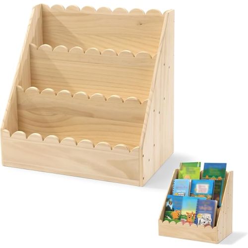 BALAPET Scalloped Book Shelf for Kids, 3-Tier Wooden Bookshelf Perfect Height for 1-5 Years Toddler, Durable Bookcase Book Organizer for Nursery Room(Wooden,16.5 * 16.5 * 10.6in)