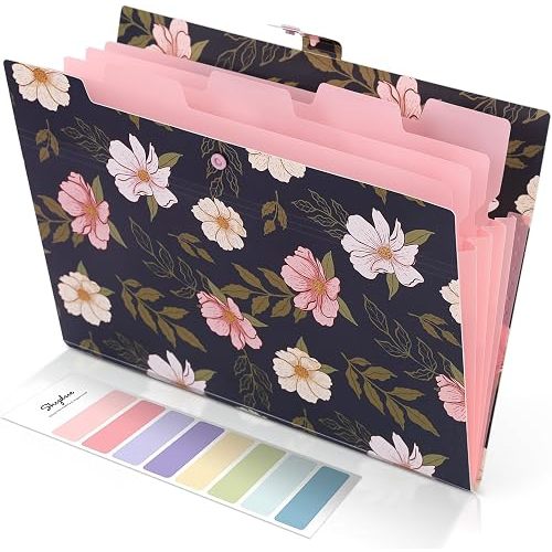 SKYDUE Accordion File Organizer, Floral Expanding File Folders with 5 Pockets, Cute Document Organizer for Paper Bills Receipt Storage, School Office & Hospital Supplies Letter/A4 Size Navy Blue