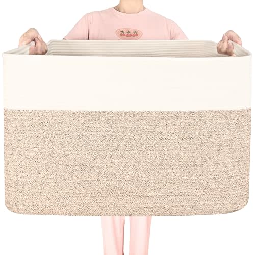 MINTWOOD Design 112L Extra Large Blanket Basket Holder Living Room, 25"x17"x16" Rectangle Rope Woven Storage Basket with Handles for Laundry, Pool Towels, Shoes, Dog Toy Organizer Bin Box, Light Brown