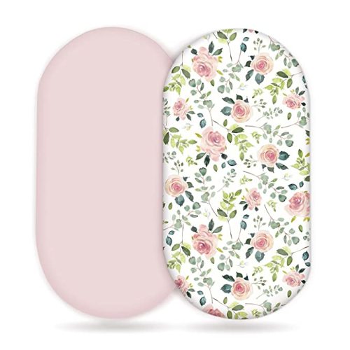 Stretchy Ultra Soft Baby Fitted Bassinet Sheet Set 2 Pack, Universal Cradle for Rectangle, Oval, or Hourglass Pad/Mattress, Pink Rose Sheets Girls