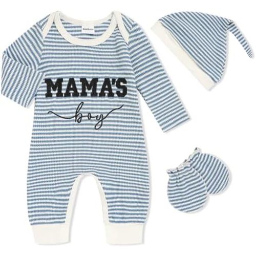 GRNSHTS Newborn Baby Boy Romper Coming Home Outfits Letter Print Bodysuit Jumpsuit+Hat+Gloves 3PCS Clothes Set