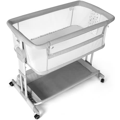 Cowiewie Bassinet Bedside Sleeper, Rocking Bassinet for Baby with 4 Wheels & 7 Adjustable Height, 360° All-Round Breathable Mesh Sides Bedside Crib, 2025 New
