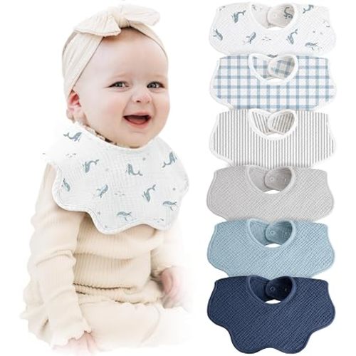 Konssy 6-Pack Muslin Baby Bandana Bibs, 100% Cotton Bibs for Baby Girl Boy