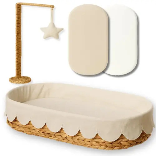 Baby Changing Basket – Moses Basket Bassinet & Changing Table Topper for Dresser – Handwoven Wicker Bassinet for Baby – Waterproof Pad + Linen Cover – Scalloped Changing Basket for Baby Dresser