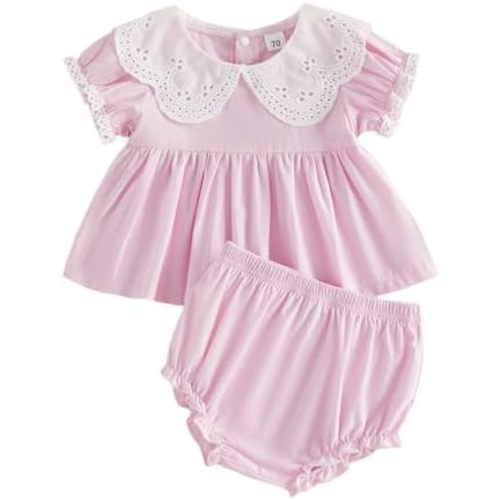 Baby Girls Clothes Summer Infant Toddler Cotton 2 Piece Outfit Babydoll Ruffle Short Puff Sleeve Shirt Shorts Set