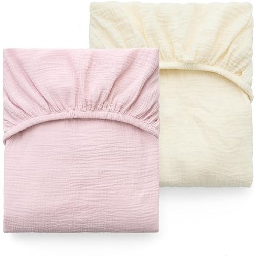 Momcozy Muslin Standard Fitted Crib Sheets, 52"x28", 2 Pack Soft Breathable Natural Cotton Baby Mattress Sheet, 360° Mattress Wrapping No Slip Boys Girls Neutral Toddler Bed Sheet, Beige Blush