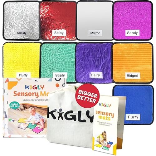 9 Labeled Sensory Mats for Kids (9 x 9 Inches) | Large Autism Mats with Activity Guide & Carry Bag - Sensory Floor & Wall Tiles with Non-Slip Back | Classroom Toys for Autistic Children