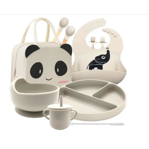 Baby Weaning Set with Adjustable bib | baby feeding set with Sippy Cup, Suction Plate, Bowl & Self-Feeding Cutlery | Silicone Feeding essentials Dishwasher & Microwave Safe (Beige)