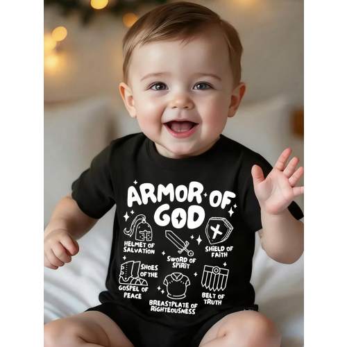Armor Of God Cartoon Print Children's Short-Sleeve T-Shirt, A Stylish And Casual Round-Neck Top Suitable For Baby Boys To Wear In All Seasons.
