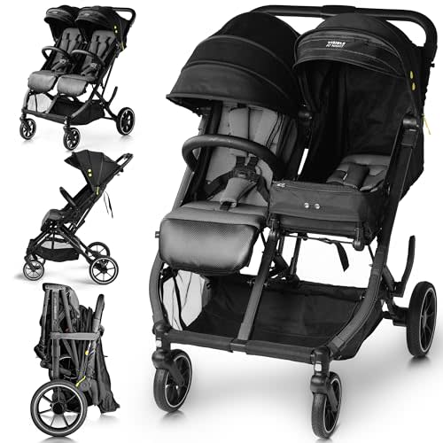 BabyCruiser Double Stroller Newborn and Toddler – Compact Side by Side Twin Stroller, Lightweight, Easy Maneuverability, Fits Standard Doors, Adjustable Settings from Birth up to 48.5 lbs per seat