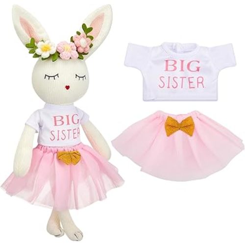 Big Sister Gift for Girls 17 Inches Rabbit Stuffed Plush Doll Short Sleeve Top and Pink Tutu Skirt Gifts for Girls Toddler