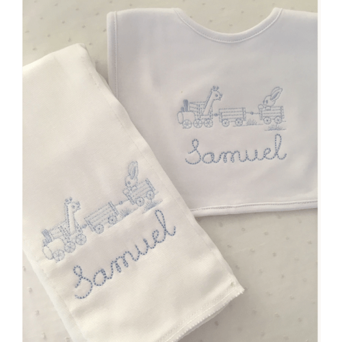 Embroidered Animal Train Monogrammed Burp Cloth or Bib