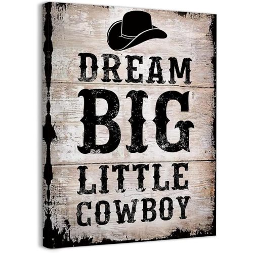 WODMIS Inspirational Quote Dream Big Little Cowboy Retro Western Cowboy Hat Framed Canvas Wall Art Decor 11×14 inch,Farmhouse Rustic Print Painting Artwork Home Wall Decoration For Western Boys Room