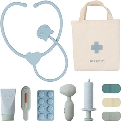 BLUE GINKGO Toddler Doctor Kit - 10-Piece Silicone Toddler Doctor Playset (with Bag) | Durable Toy Medical Kits, Pretend Play for Toddlers 3-5 (Blue)