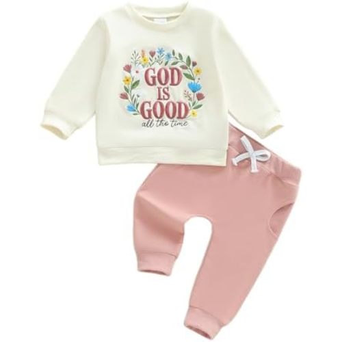 SHIBAOZI Baby Girl Clothes Set 2PCS Bow Christian Letter Print Sweatshirt Pullover Pants Toddler Infant Winter Fall Outfits