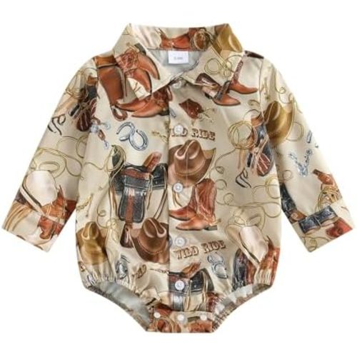Western Baby Boy Clothes Cow Print Long Sleeve Lapel Neck Button Down Shirt Romper Cowboy Baby Boy Fall Outfit