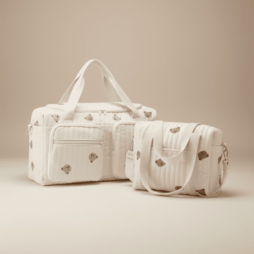Set of 2 (DUFFEL BAG + STROLLER BAG) - Baby Bag Set 100% Cotton Bear Print