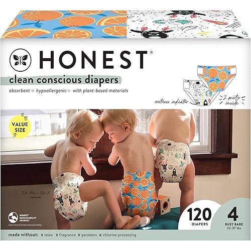 The Honest Company Clean Conscious Diapers | Plant-Based, Sustainable | Space Travel + Orange You Cute | Super Club Box, Size 4 (22-37 lbs), 120 Count
