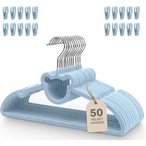 Kids Velvet Hangers 50 Pack with Clips – Non Slip Velvet Clothes Hangers for Toddlers, Kids & Youth – Space Saving Closet Organization