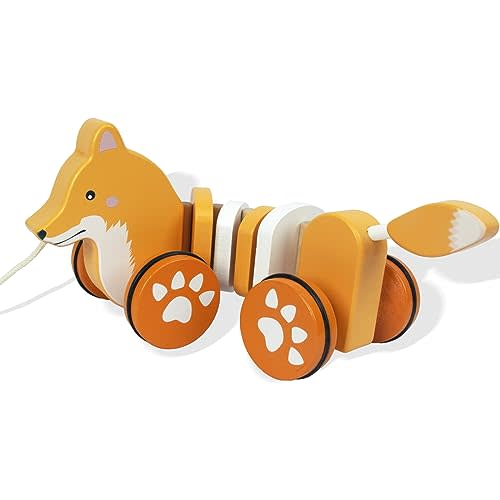 WoodenEdu Baby Toys Car,Wooden Pull Along Toddler Toy, Developmental Toy for 1 Year Old Girl Boy Birthday Gift (Fox)