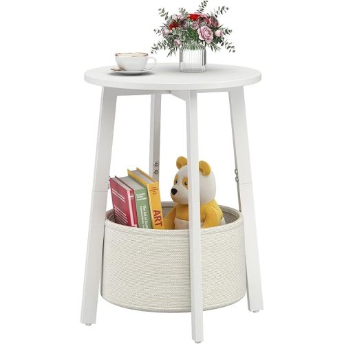 Small Round Side End Table with Cloth Storage Basket, Round Bedside Sofa Couch Coffee Tables for Small Places with Metal Frame, Modern Nighstands for Living Room Bedroom,White