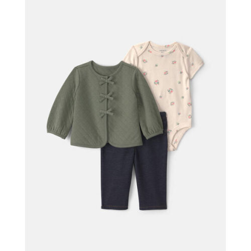 Baby Girl 3-Piece Quilted French Terry Layering Set - Olive Green/Cream | Carter's