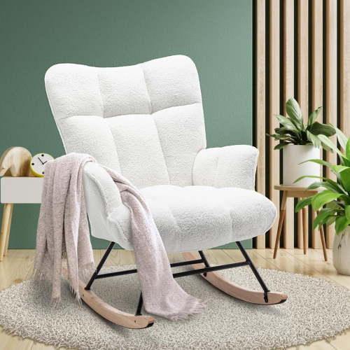 Teddy Upholstered High Back Rocking Glider Chair with Padded Seat & Armrests, Comfy Nursery Accent Side Chair for Living Room Bedroom Office, White Teddy