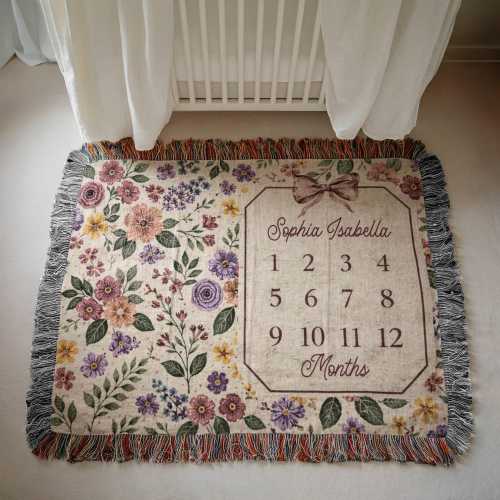 Personalized Baby Girl Milestone Blanket Custom Floral Monthly Blanket With Name Wildflower Woven Blanket Baby Shower Gift Newborn Keepsake