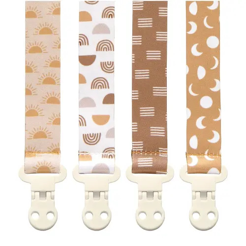 Baby Pacifier Clip Holder - Girl or Boy Unisex 4 Pack Gift Set – Boho Modern Neutral Suns Raibows Moons (Luna)