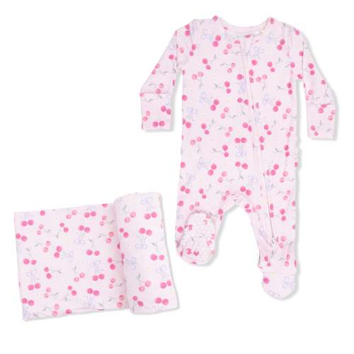 Sweet Bow Cherries - 2 Way Ruffle Back Zipper Footie & Swaddle Blanket – Angel Dear