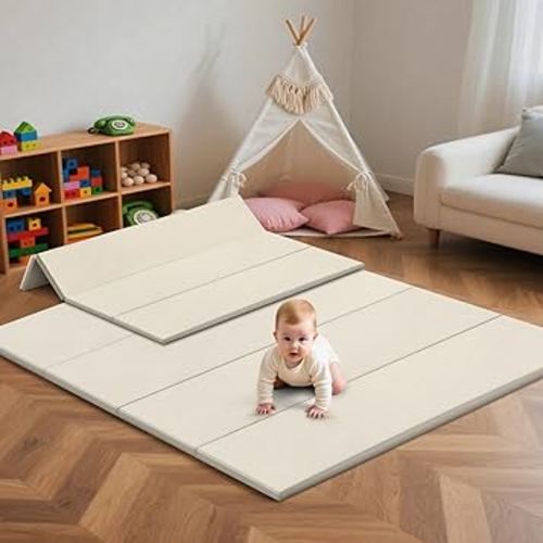 Baby Play Mat Foldable, 1.2" Thick Waterproof Playmats for Floor, Thicken Foam Playmat for Tummy Time, 47x47 Playpen Mat, Portable Baby Floor Mat for Infant, Toddler, Beige