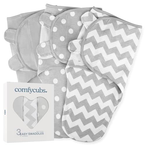 Comfy Cubs Easy Swaddle Blanket, 3 Pack - 100% Cotton Newborn Wrap, Small for 0-3 Months Infants, Breathable and Durable Sleep Sack for Babies - Grey