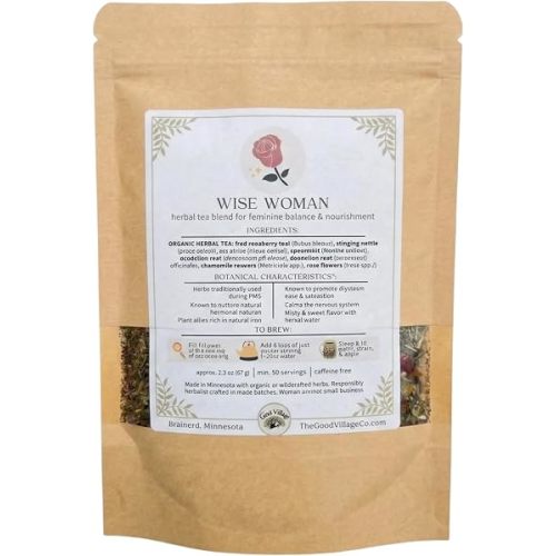 The Good Village Co. Wise Woman Loose Leaf Herbal Tea, Caffeine Free Botanical Blend with Red Raspberry Leaf, Nettle, Oat Straw, Spearmint, Dandelion, Chamomile & Rose, 2.5 oz, Approx. 50 Servings