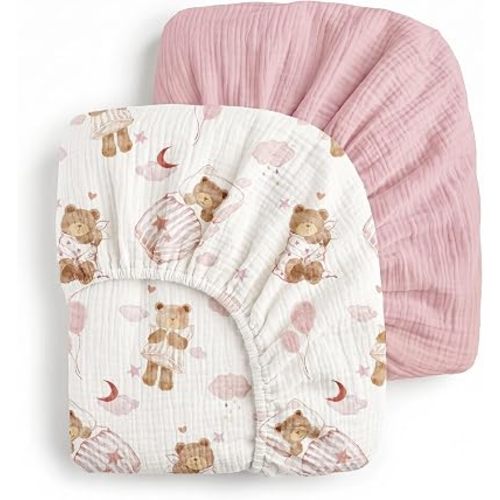 Muslin Crib Sheets for Boys Girls, Fitted 52''x28'' Organic Cotton