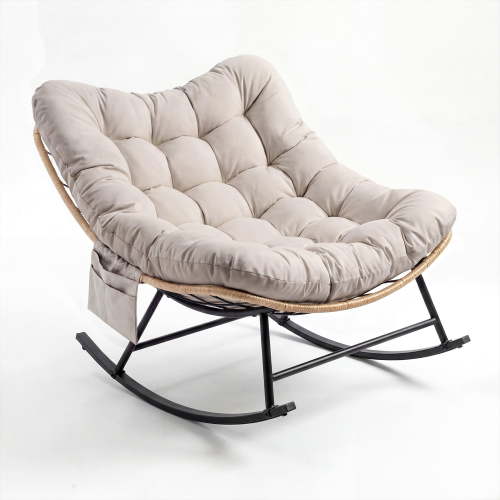 SOLLED Oversized Papasan Rocking Chair with Thick Cushion, Heavy Duty 700 LBS Capacity Wicker Rattan Rocker for Indoor Outdoor Living Room Patio,Gray