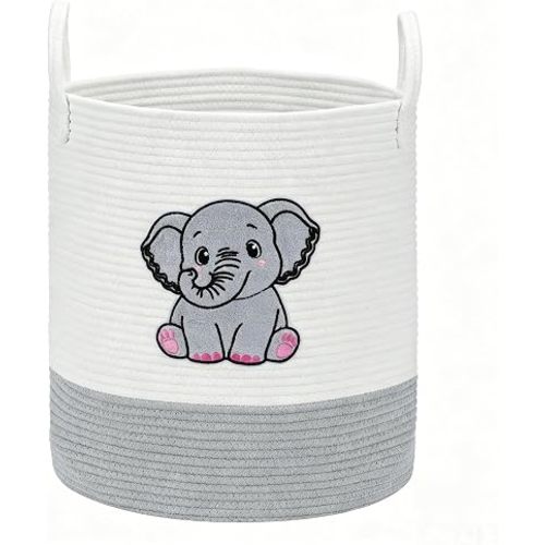 Elephant Cotton Rope Laundry Basket for Nursery, Large 15"x17.7" Woven Hamper with Handles & Terry Embroidery, Blanket Baby Clothes & Toy Storage, Gray & White
