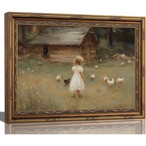 Vintage Farmhouse Wall Art Little Girl and Chickens Canvas Painting, Antique Gold Framed Country Barn Decor for Nursery Bedroom, Damage-Free Hook and Loop Hanging (9x11 Inch)