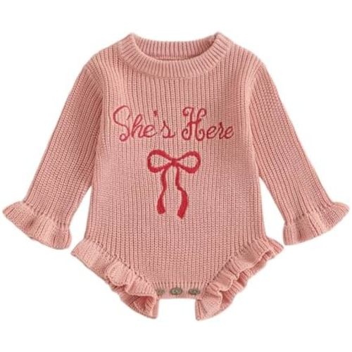 Baby Girls Knitted Romper Embroidery Bow Letters SHE is HERE Ruffled Sweater Winter Newborn Infant Clothes
