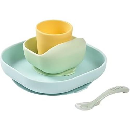 BEABA Silicone 4 Piece Baby Feeding Set, Suction Plates for Baby, High Grade Food Safe Silicone, Pastels