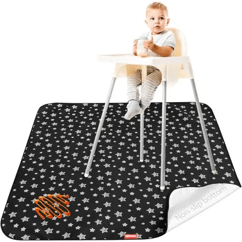 High Chair Mat Waterproof and Washable Splat Mat, Baby Splat Mat for Under High Chair, Non Slip Mat for Art/Crafts/Playtime, Protable Picnic Table Cloth Mat, 46'' x 42'', Black Star