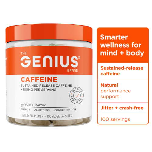 Genius Caffeine - Sustained-Release Microencapsulated Caffeine Pills for Smooth, Long-Lasting Energy & Focus - No Jitters or Crash - 100mg per Capsule - 100 Servings - Natural Performance Booster