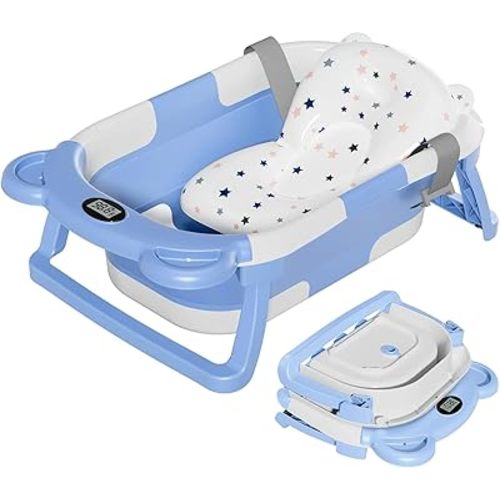 TPN Collapsible Baby Bathtub, Baby Bath Tub with Soft Cushion & Real-Time Thermometer, Baby Bathtub Infant to Toddler Tub (0-36 Months), Portable Travel Baby Tubs for Newborns (Blue)