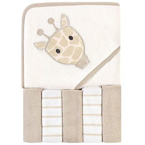 Hudson Baby Unisex Baby Hooded Towel & Five Washcloths, Modern Giraffe, One Size